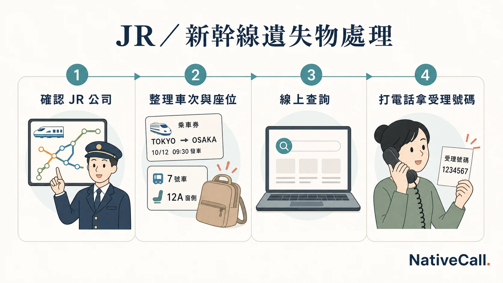 JR 與新幹線遺失物查詢流程：確認營運公司、準備車次座位資料、聯絡失物中心